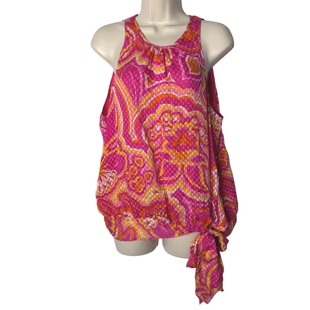 Trina Turk Sleeveless Top Sz L Pink Orange Paisley Silk Blend Colorful 25th Anni